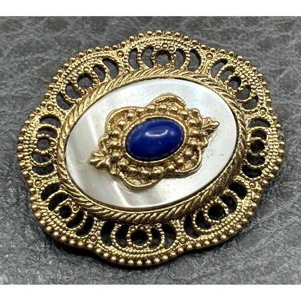 VTG 1928 Brand Victorian Revival Filigree Small Brooch Blue Cabochon Gold Tone